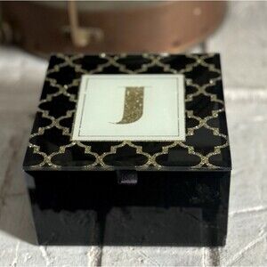 Hinged Trinket / Jewelry Box Bevelled Glass Top With J Initial Black / Gold / Wt